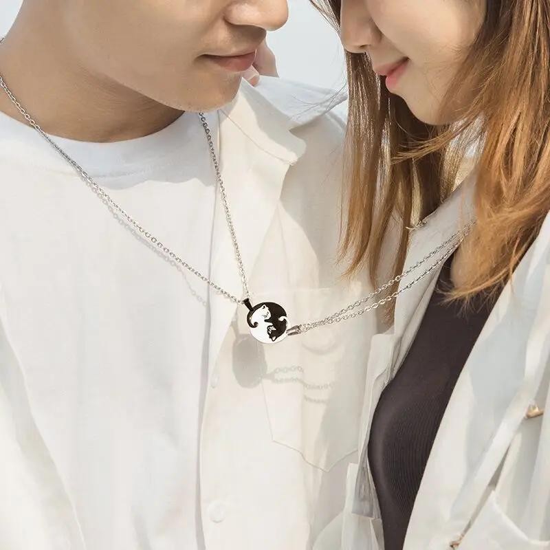 Two Cat Couple Necklaces Jewelry Stainless Steel Black White Kitten Animal Penda