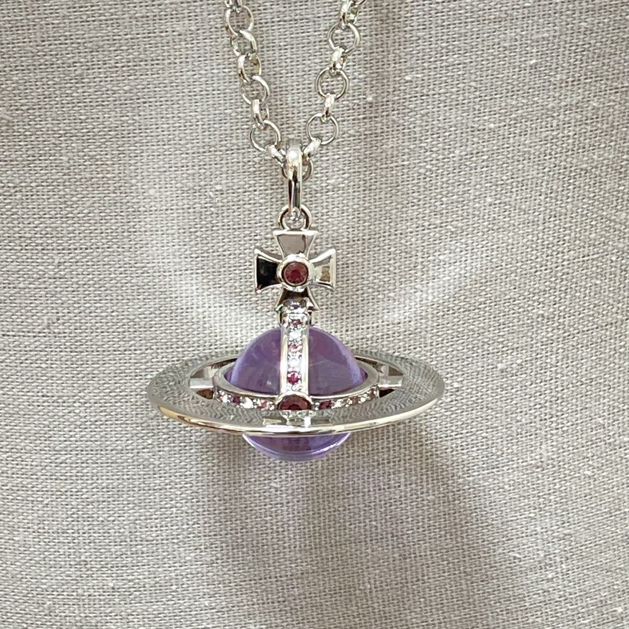 Vivienne Westwood Necklace Small Orb Silver Purple Chain 80cm Top 4.5cm NO BOX