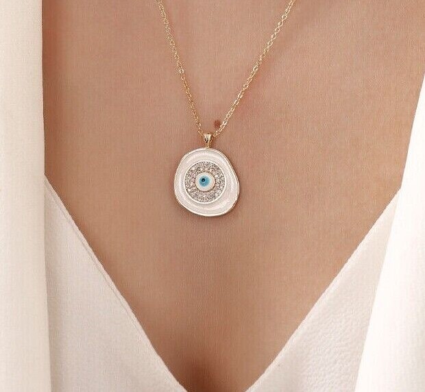 PERGEN 14K Gold-Plated White, Authentic Evil Eye Necklace Summer Minimalist Gift