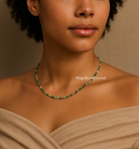 Minimalist Natural Moss Agate Choker Healing Energy Green Beads Dainty Necklace