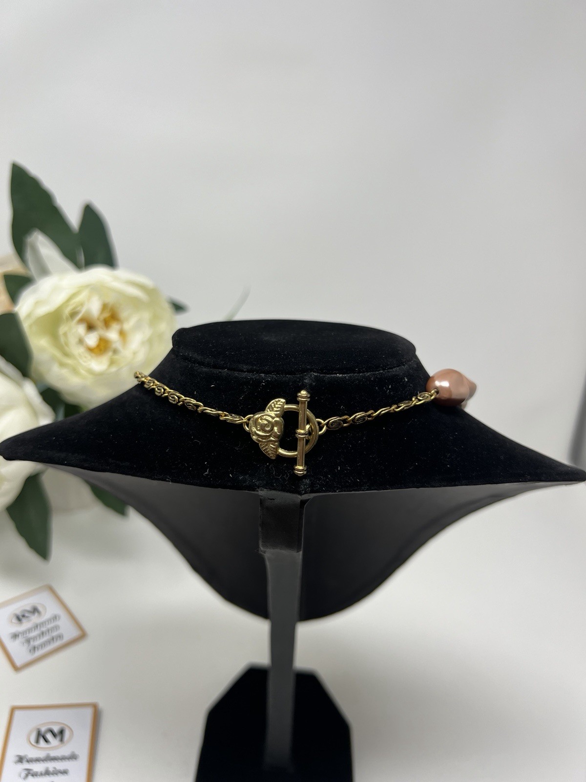 Gold Tone Asymmetrical Chain Necklace With Faux Pink Pearl Beads Statement