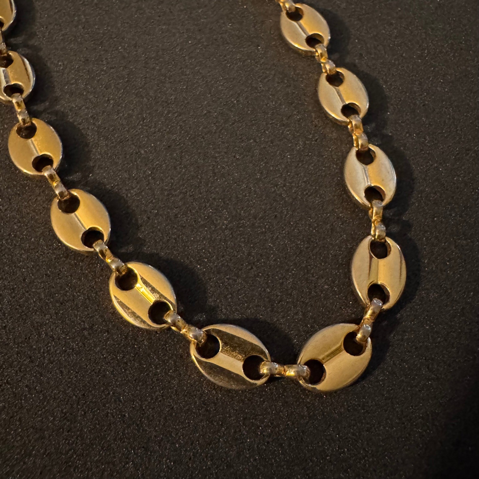 Gold Tone Puffed Mariner Coffee Bean Link Chain Necklace Unisex Statement