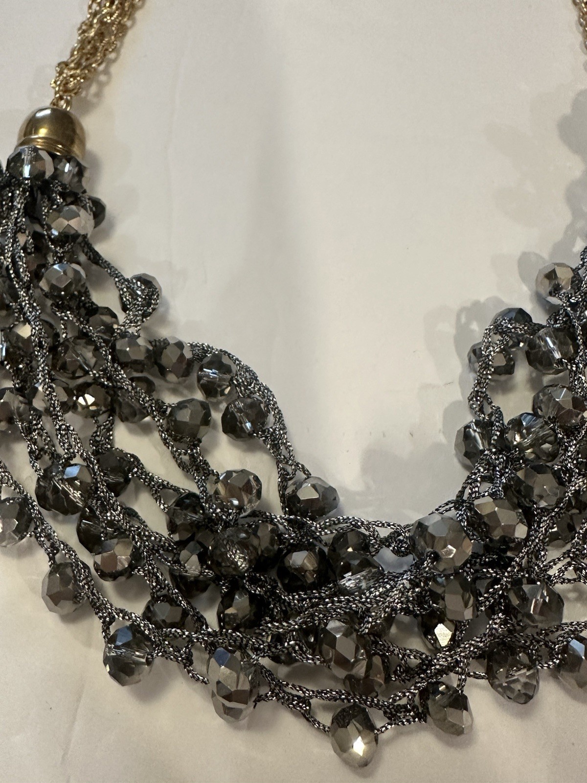 Smoky Gray Multi Strand Beaded Statement Necklace Gold Tone Boho Waterfall Bib