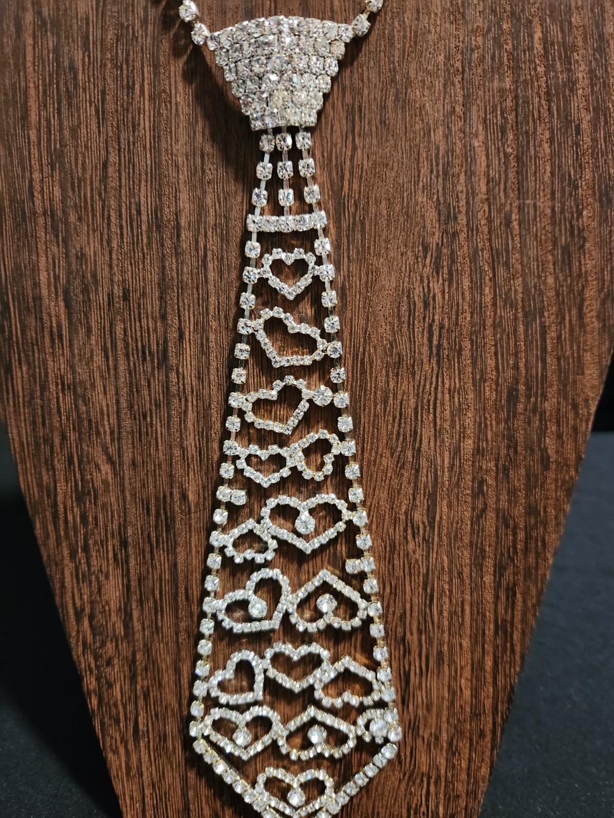 Rhinestone Tie Necklace Clear Silver Toned Fashion Jewelry Hearts Bow Necktie