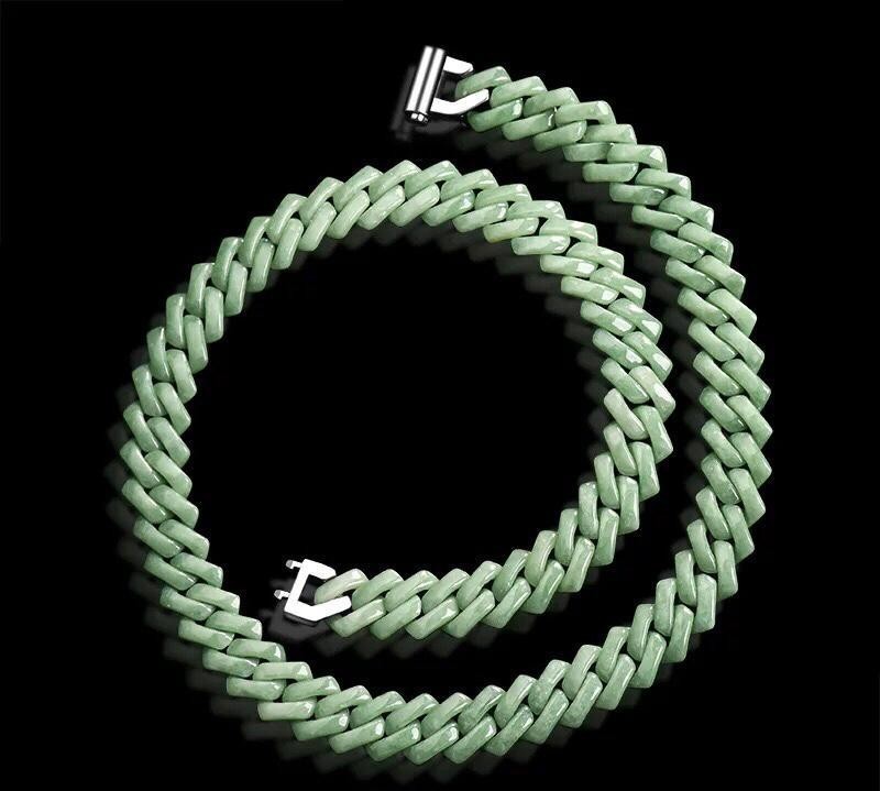 Grade A MYANMAR Jadeite Green Rhombus Shaped Cuban CHAIN NECKLACE AND BRACELET
