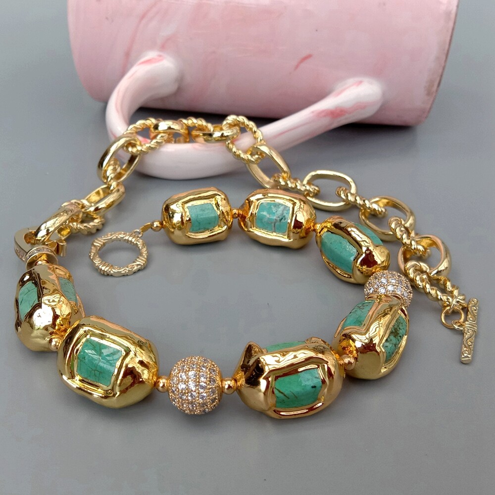 Turquoise Electroplated Edge Cz Pave Beads Gold Plated Chain Choker Necklace