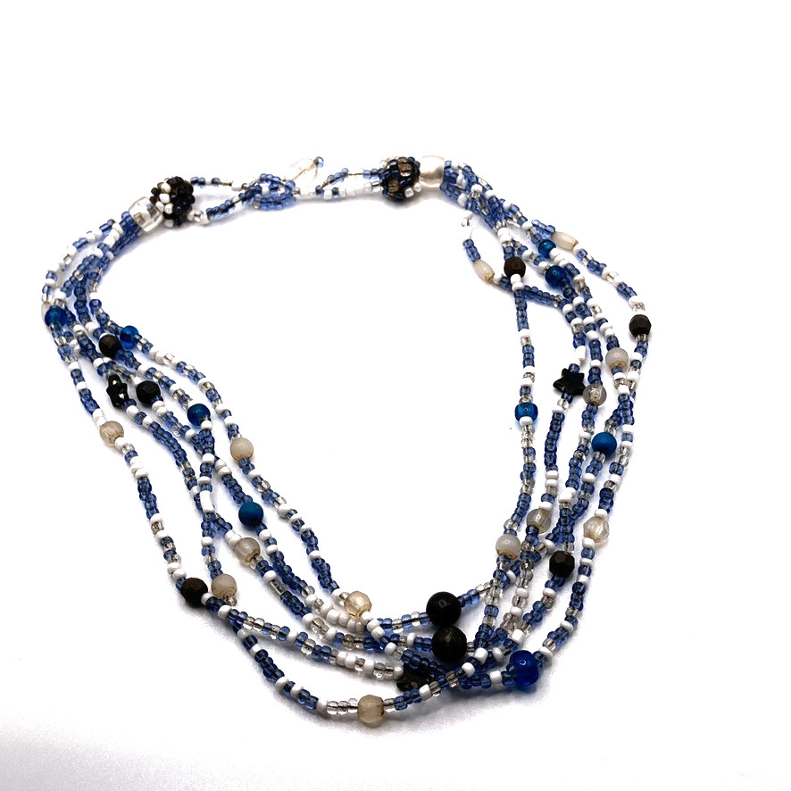 Blue glass seed bead necklace 46cm multi strand vintage Boho costume jewellery