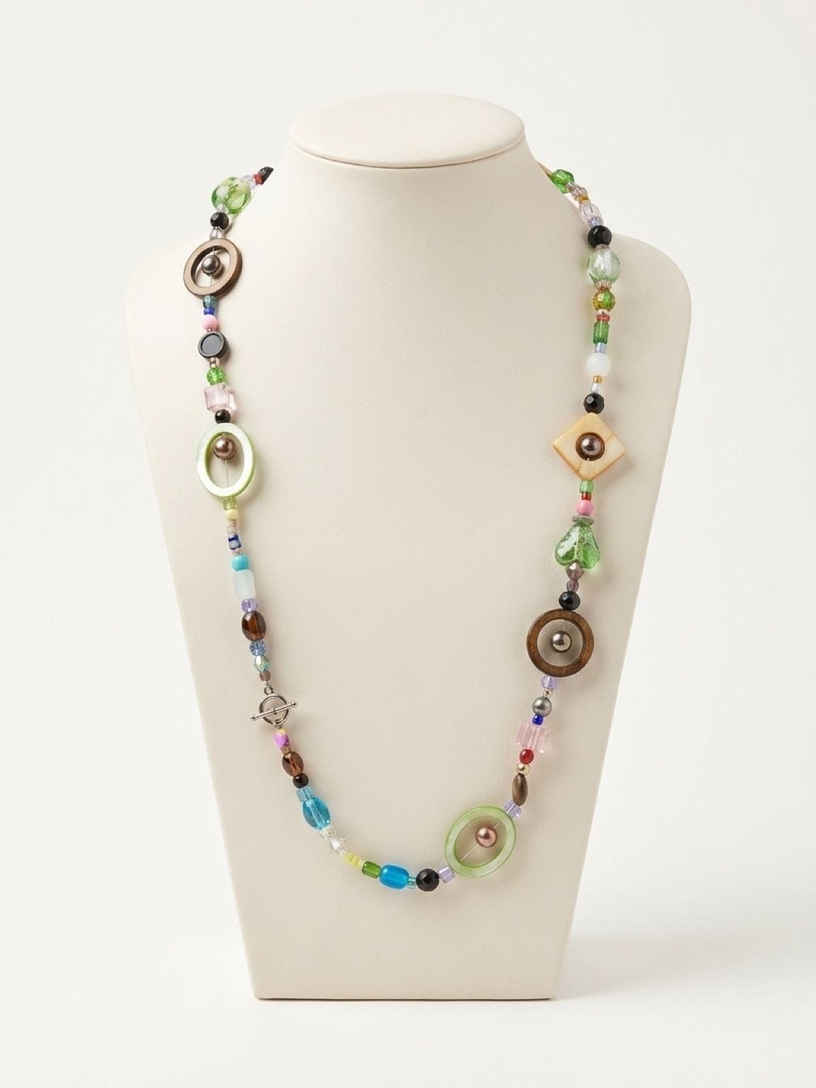 Boho Multi-Material Statement Necklace with Mixed Glass, Wood, and Geometric Bea