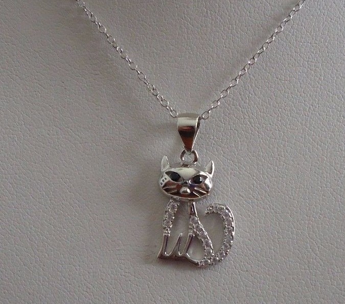 CAT NECKLACE PENDANT LAB CREATED DIAMONDS / 925 STERLING SILVER 11MM BY 17MM