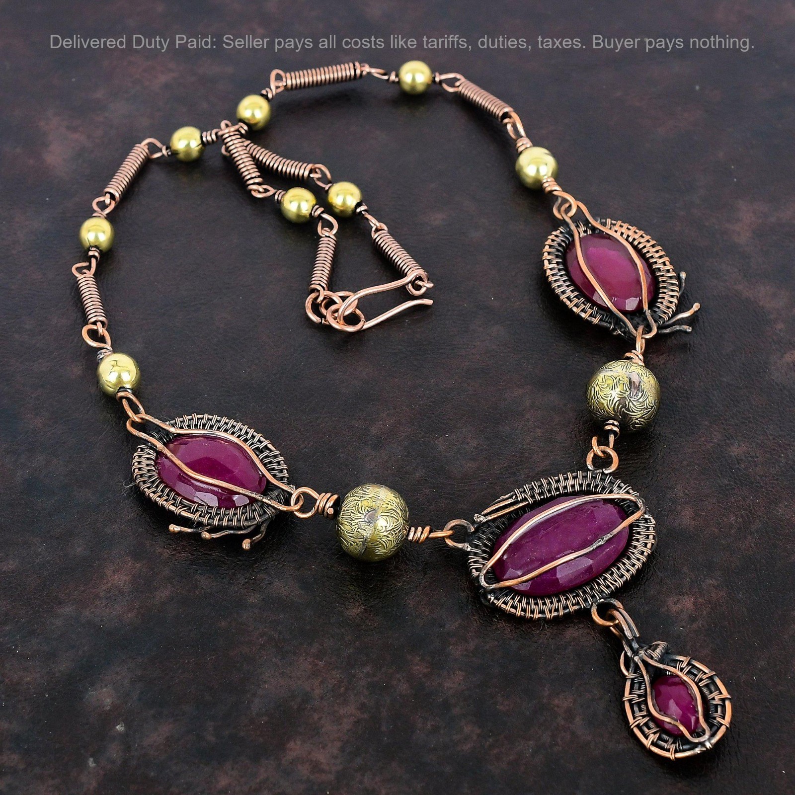 Halloween Sale Natural Kashmir Rubi Wire Wrapped Chain Mother Necklace Copper