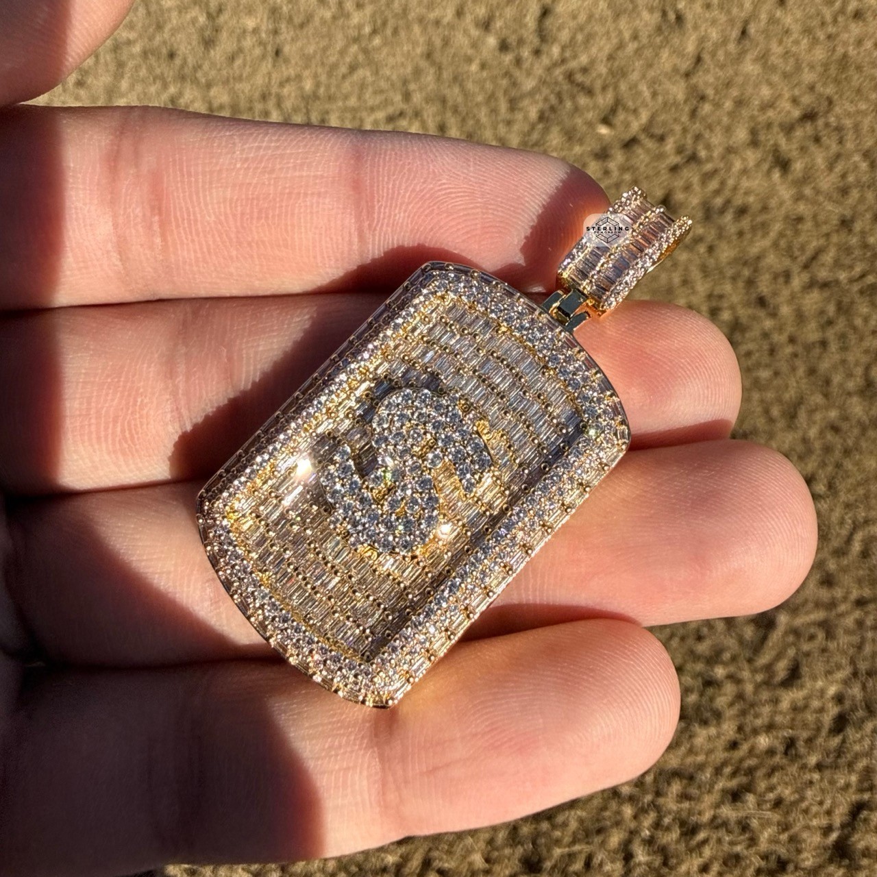 14k Gold Plated Iced Money Dog Tag Hip Hop Mens Pendant + Steel Rope Chain