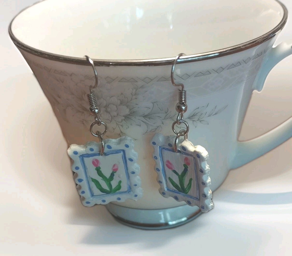 Floral Postage Stamp Earring Handmade Air Dry Clay Wearable Art Drop Hook