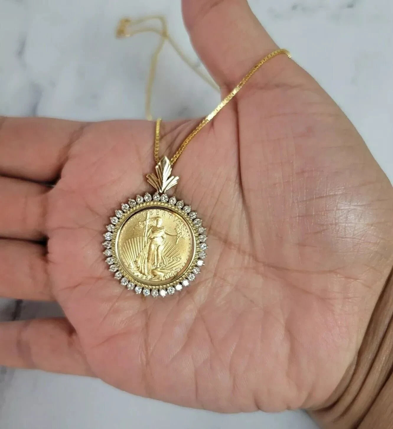 Lady Liberty Coin Pendant Round Simulated Diamond 14K Yellow Gold Plated Silver