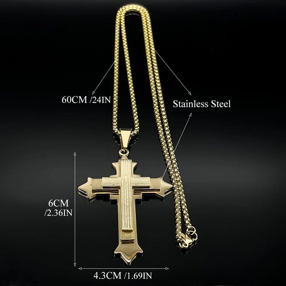 Big Bible Jesus Cross Pendant Necklace for Women Men Stainless Steel Gold Color