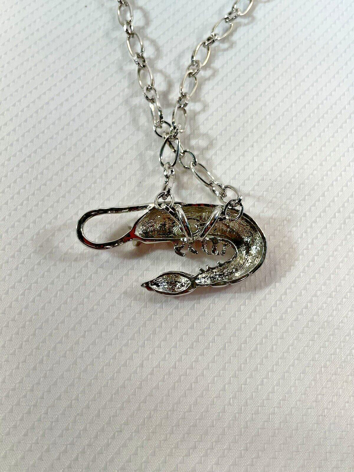 Shrimp Silver Long Necklace Stainless 30” Chain Coastal Sea Life Jewelry NEW