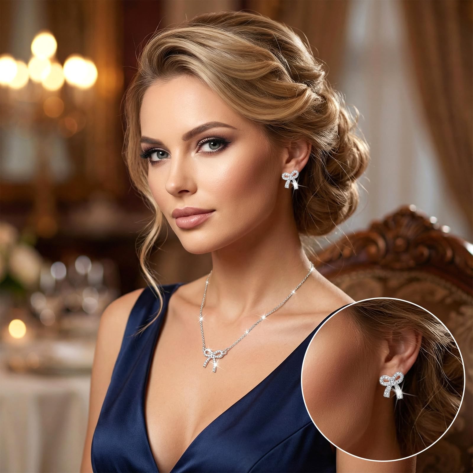 Silver Bow Necklaces Earrings for , Sparkly Rhinestone Bow Necklace Choker Ea…