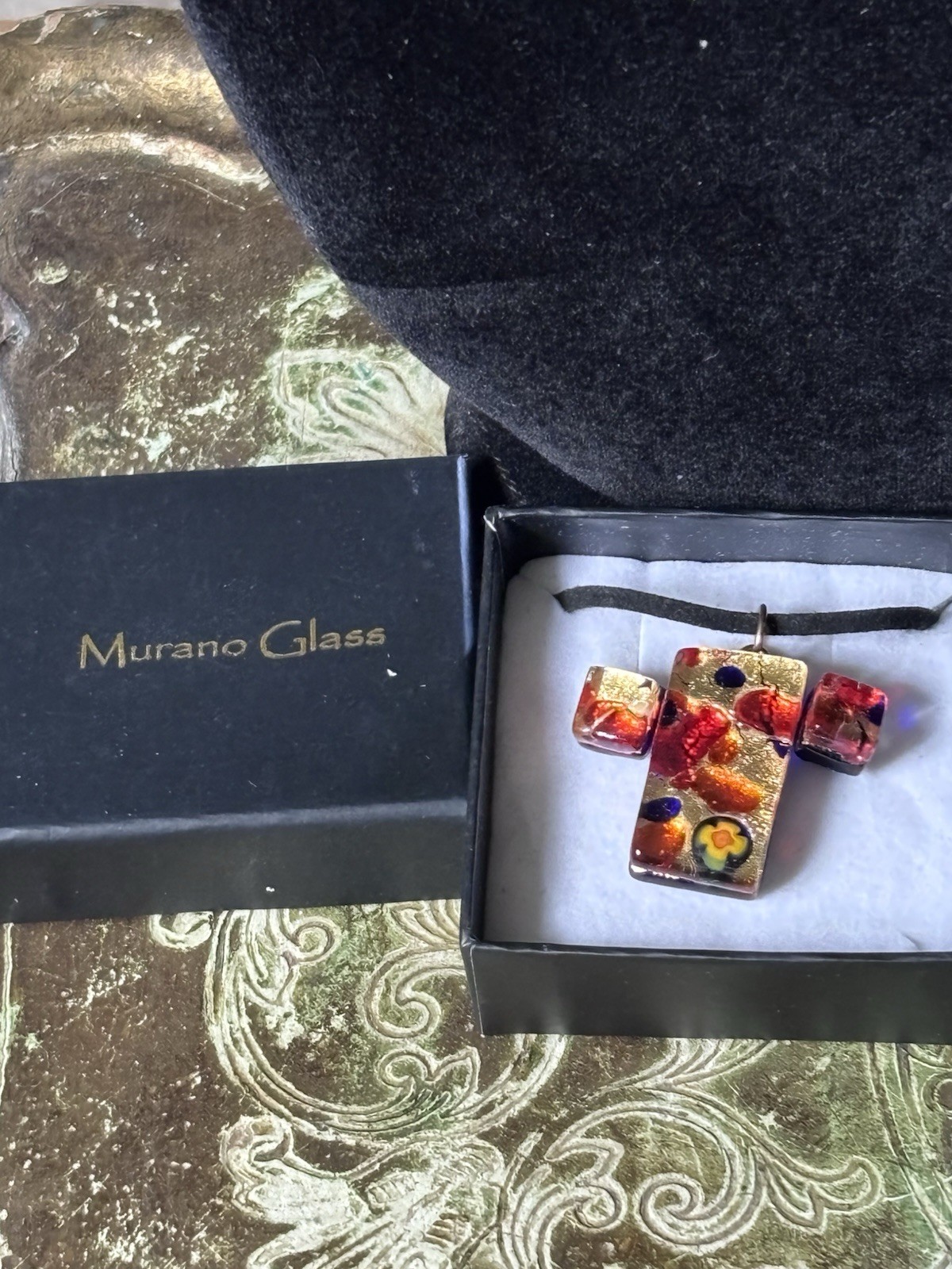 Murano Glass Pendant & Earrings Set Millefiori Gold Foil Venetian Boxed