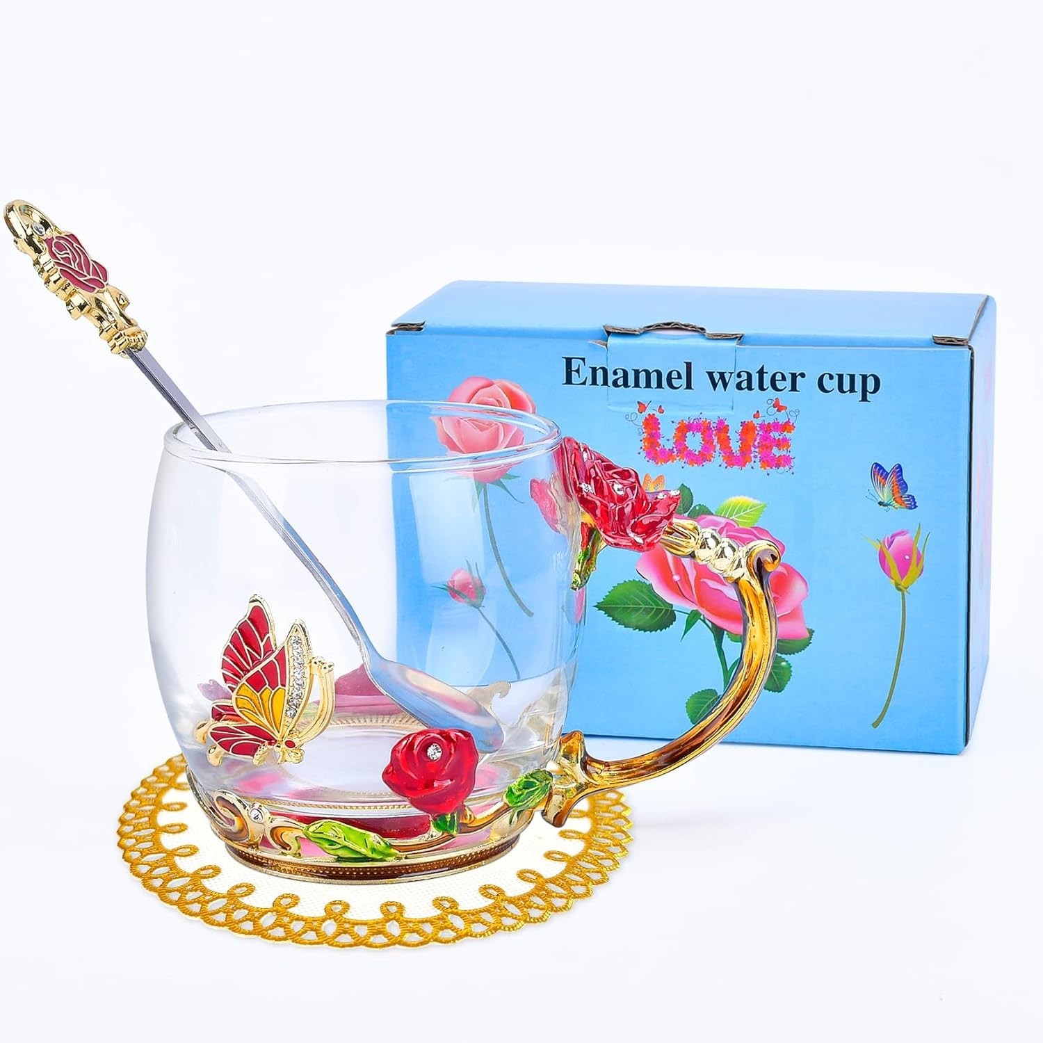 Stylish 12oz Glass Enamel Mug Set with Spoon – Unique Gifting Idea for Women