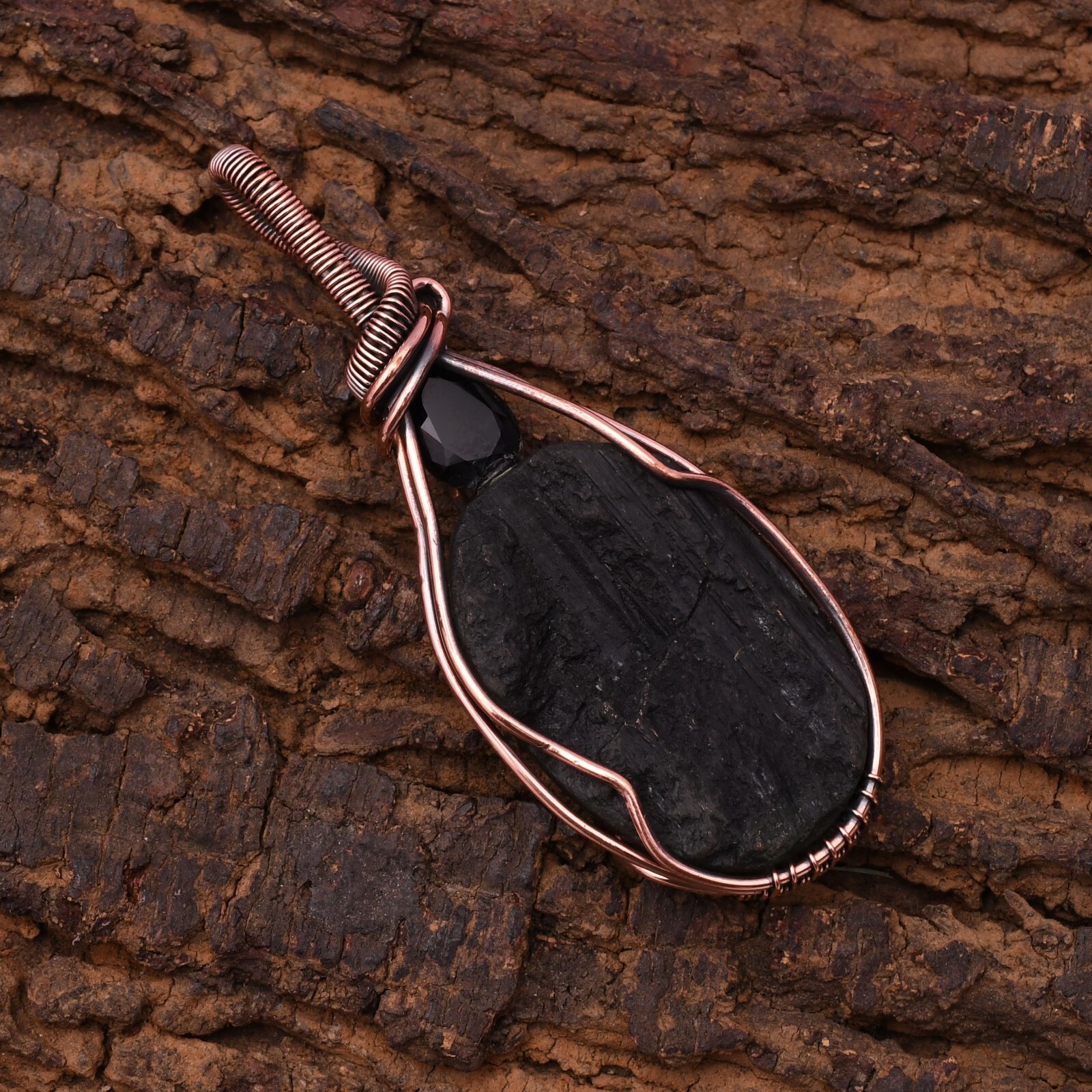 Black Tourmaline Pendant Copper Wire Wrapped Handmade Jewelry Pendant 2.15″