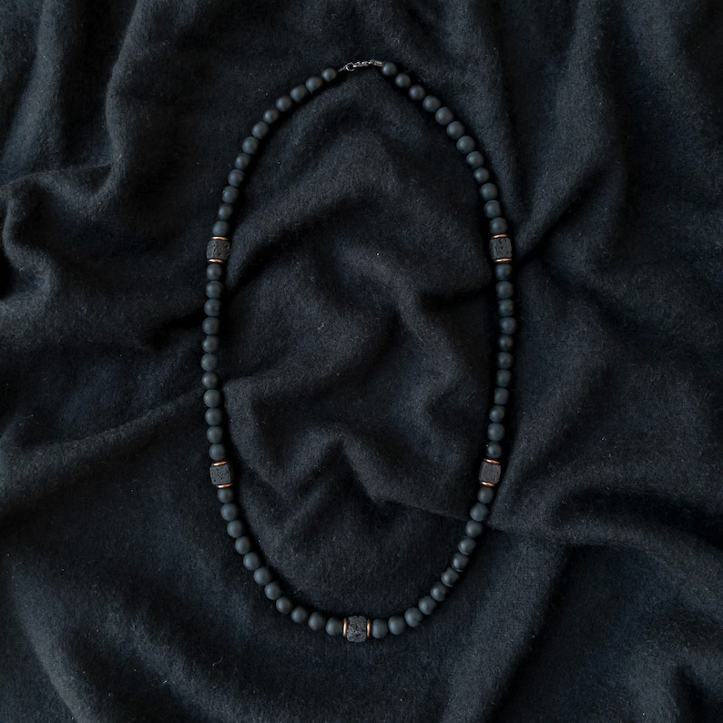 Matte 8mm Beads Black Onyx Men’s Necklace Cube Lava Stone Healing Reiki Crystal