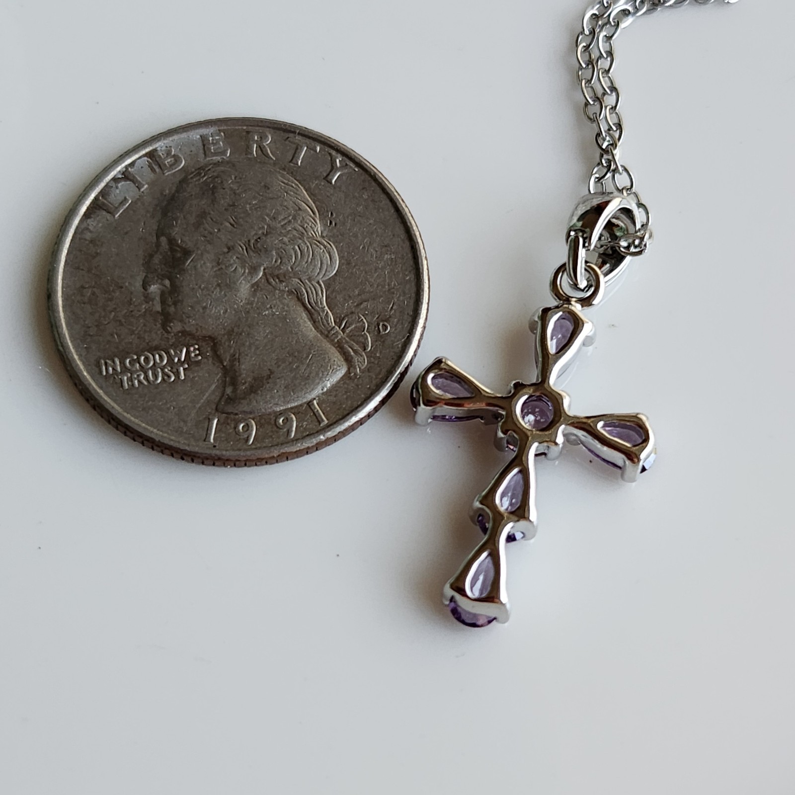 14k White Gold-Plated Pear Purple Amethyst CROSS 1” Pendant free chain
