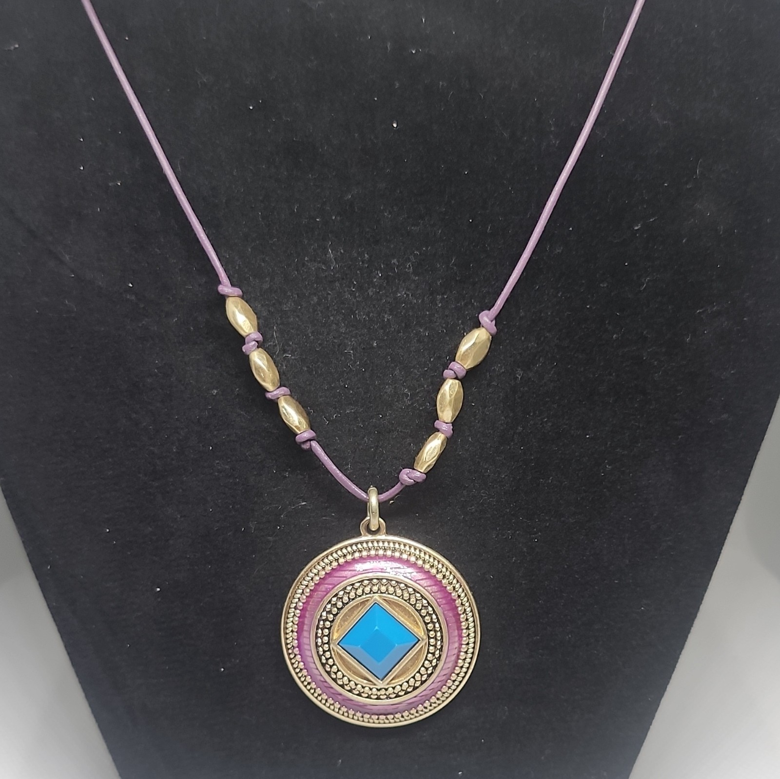 Lia Sophia Purple Cord Beaded Necklace Round Pendant Blue Square Stone Signed