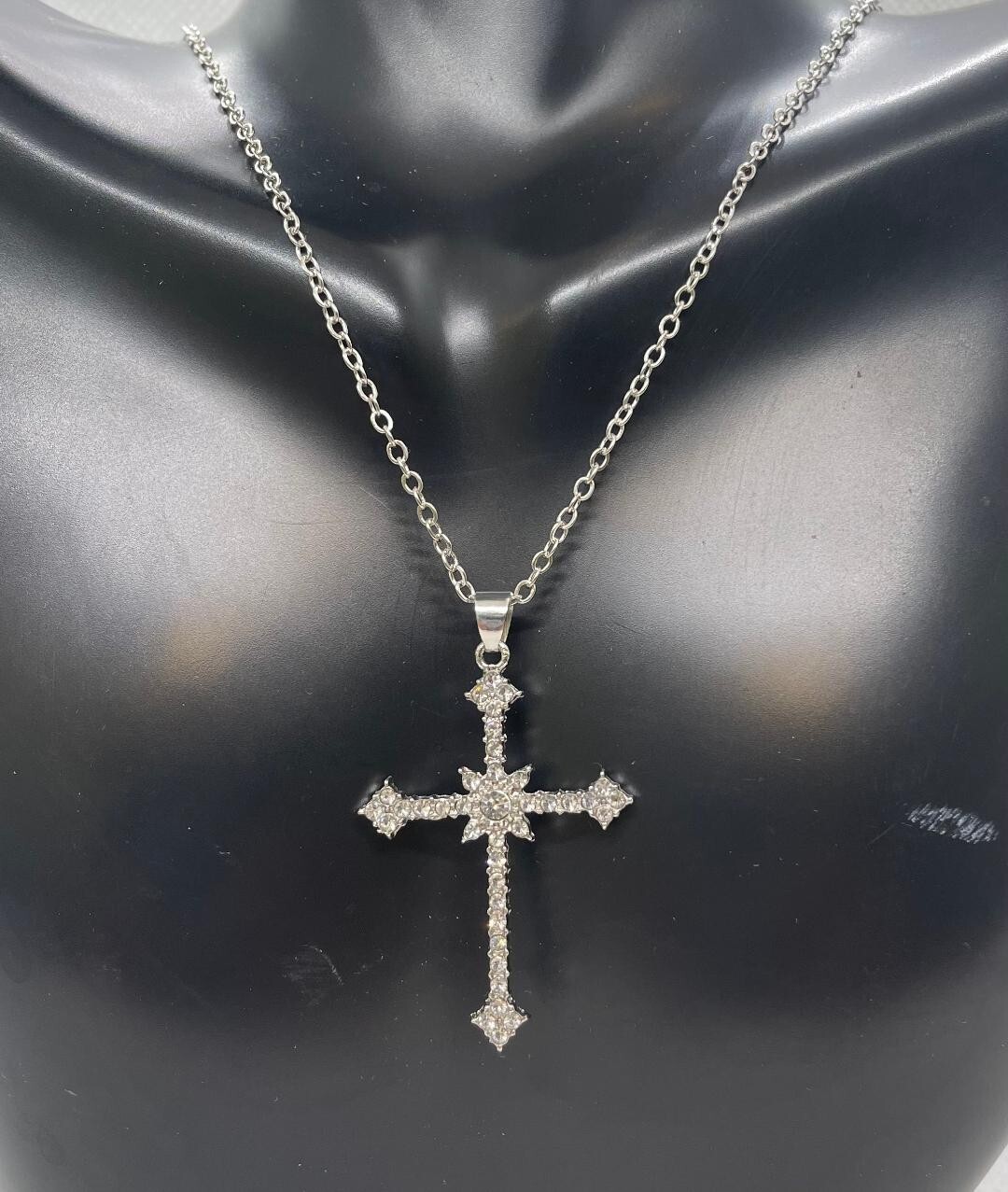 Cross elegant necklace pendant simulated diamonds size 40mm by 26mm