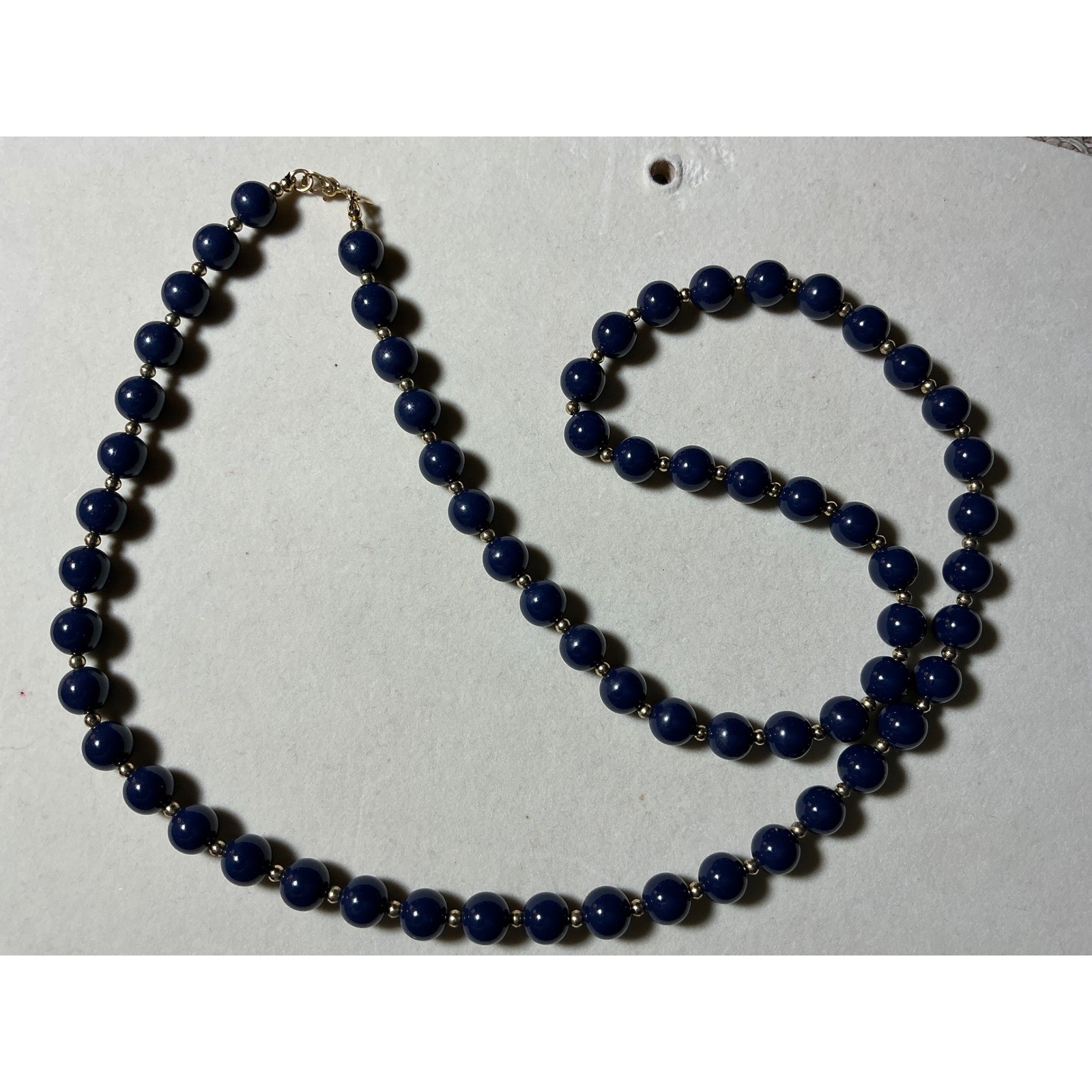 Monet Navy Blue Beaded Necklace 30inch Gold Tone Spacers Classic Strand