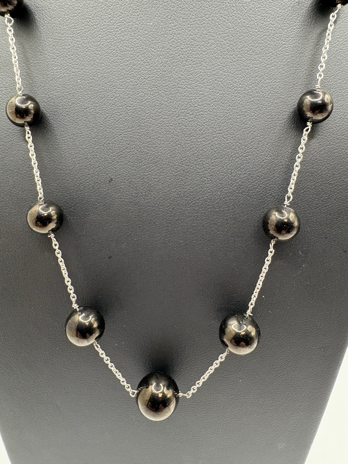 Elite Shungite Station Necklace 20” Sterling Silver Rhodium Finish Black Beads