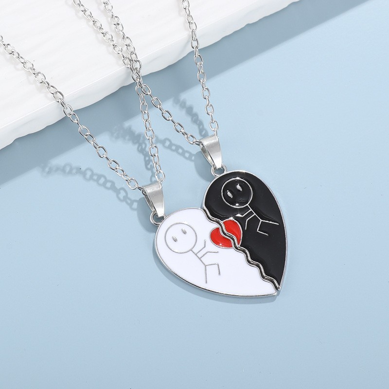 2pcs Magnet Matchstick People Lovers’ Black White Heart Pendant Chain Matching N