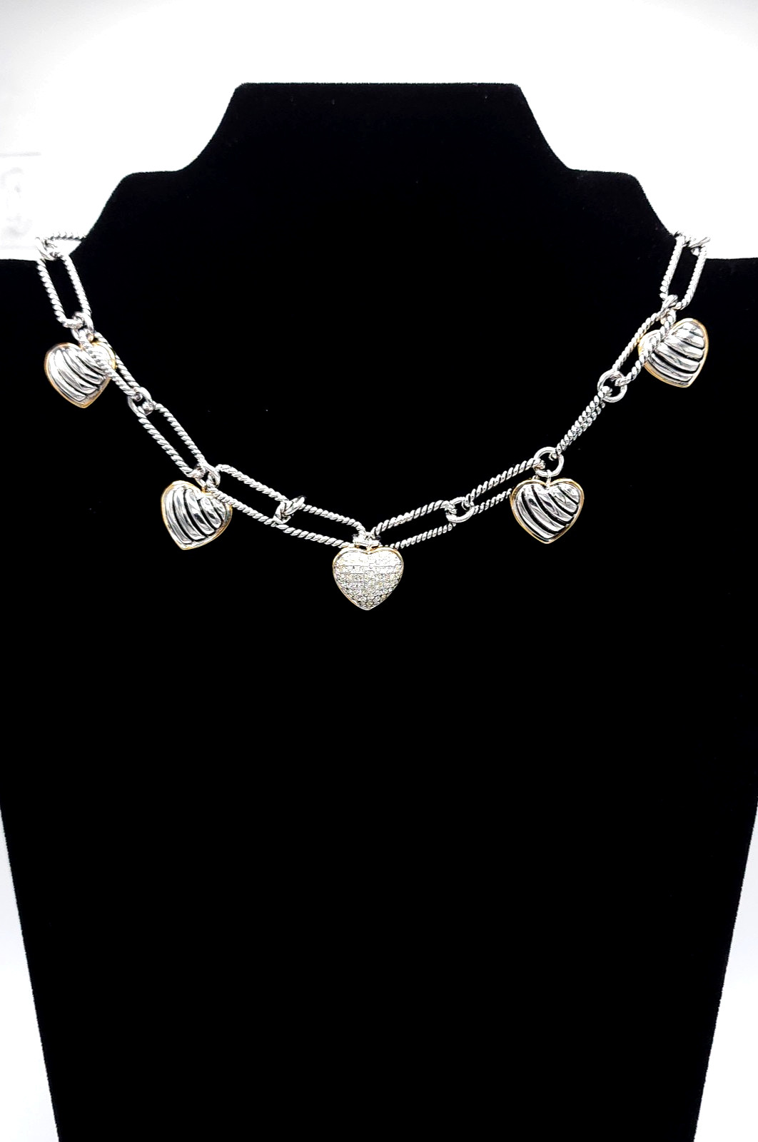 Heart Charm Necklace Paperclip Chain Rhinestone Pave Heart Toggle Clasp 16in