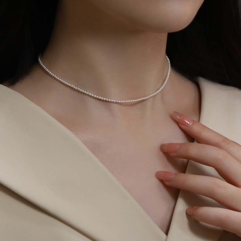 2 mm White Pearls Thin Chain Choker Necklace Lobster Clasp Adjustable