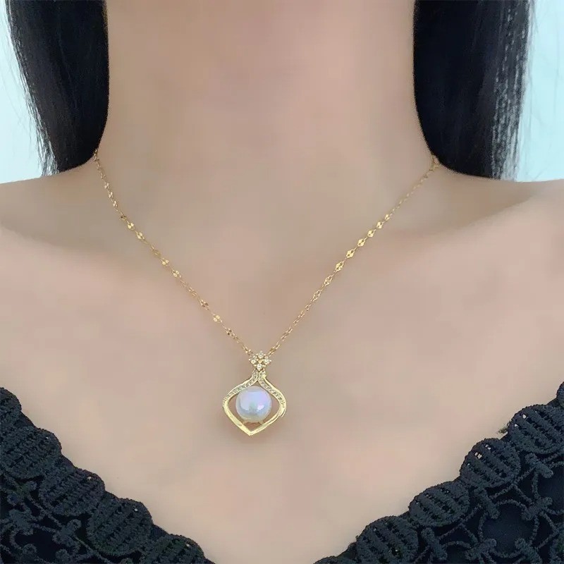 Womens Elegant Necklace CZ Pendant 18K Gold Plated Stainless Steel Chain Jewelry