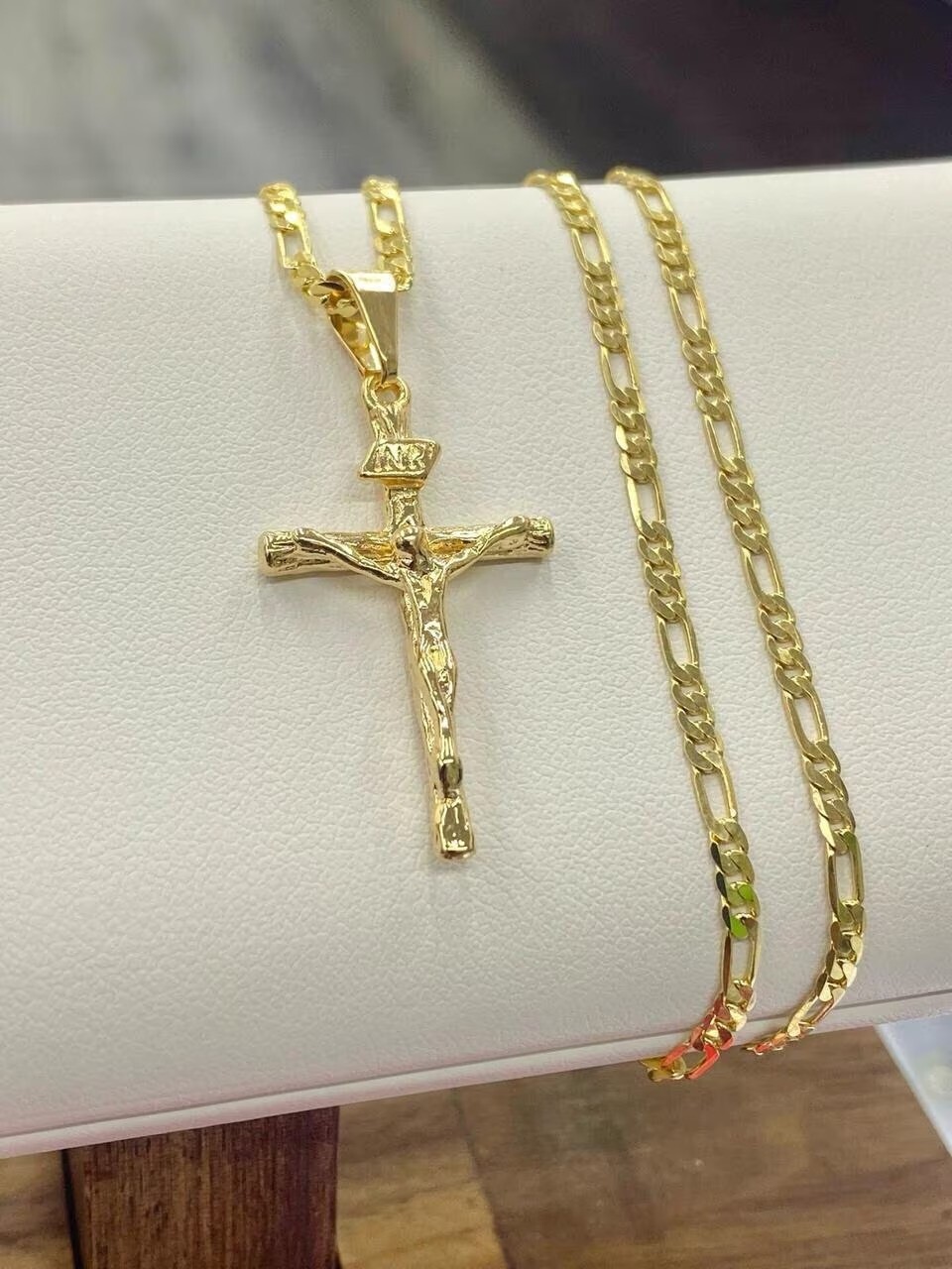 Rustic Cross Necklace 14K Yellow GF Figaro Chain 24″ Gifts Jewelry Religious