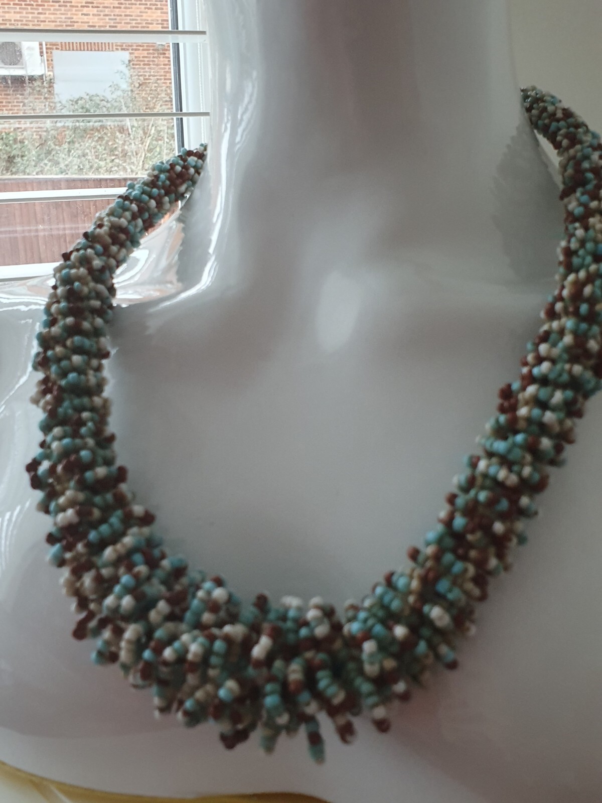 Blue White Brown Twisted Seed Bead None Metal Tribal Ethnic Adjustable Necklace