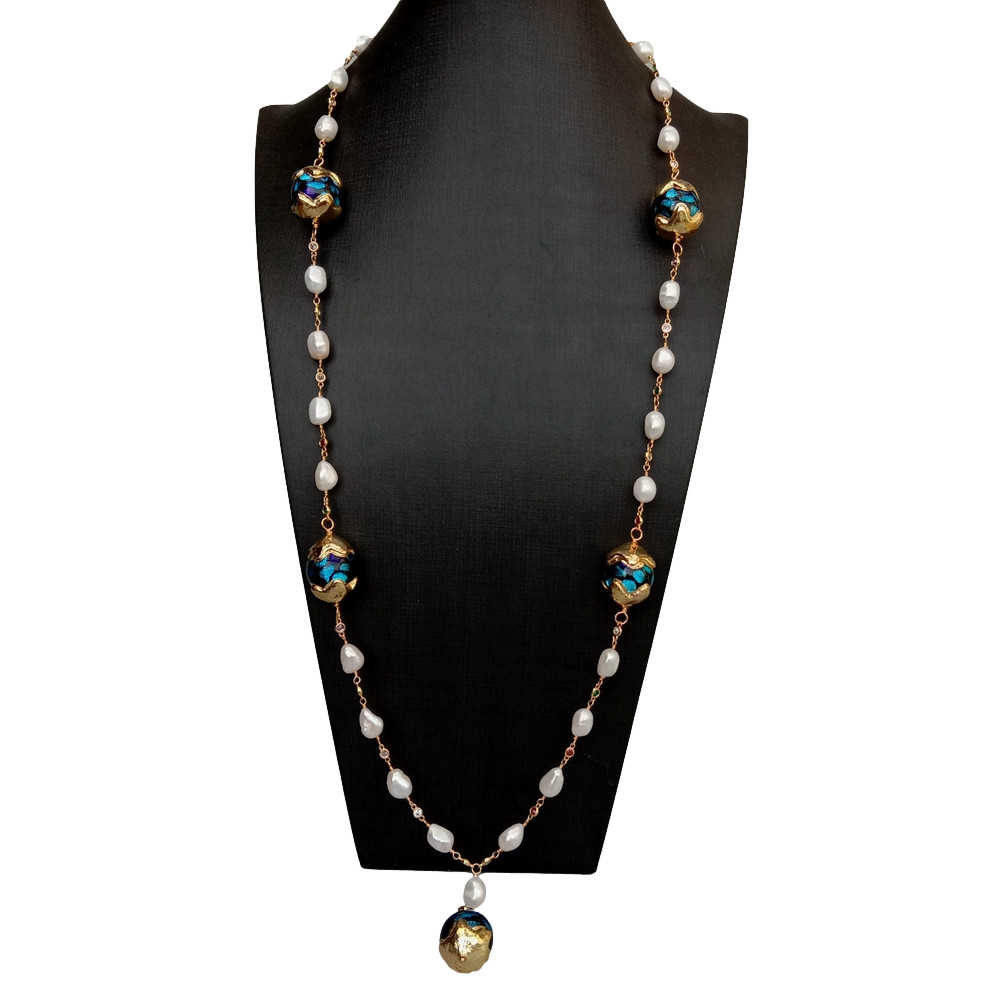 33″ Cultured White Baroque Pearl Blue Murano Glass Rosary Chain Long Necklace