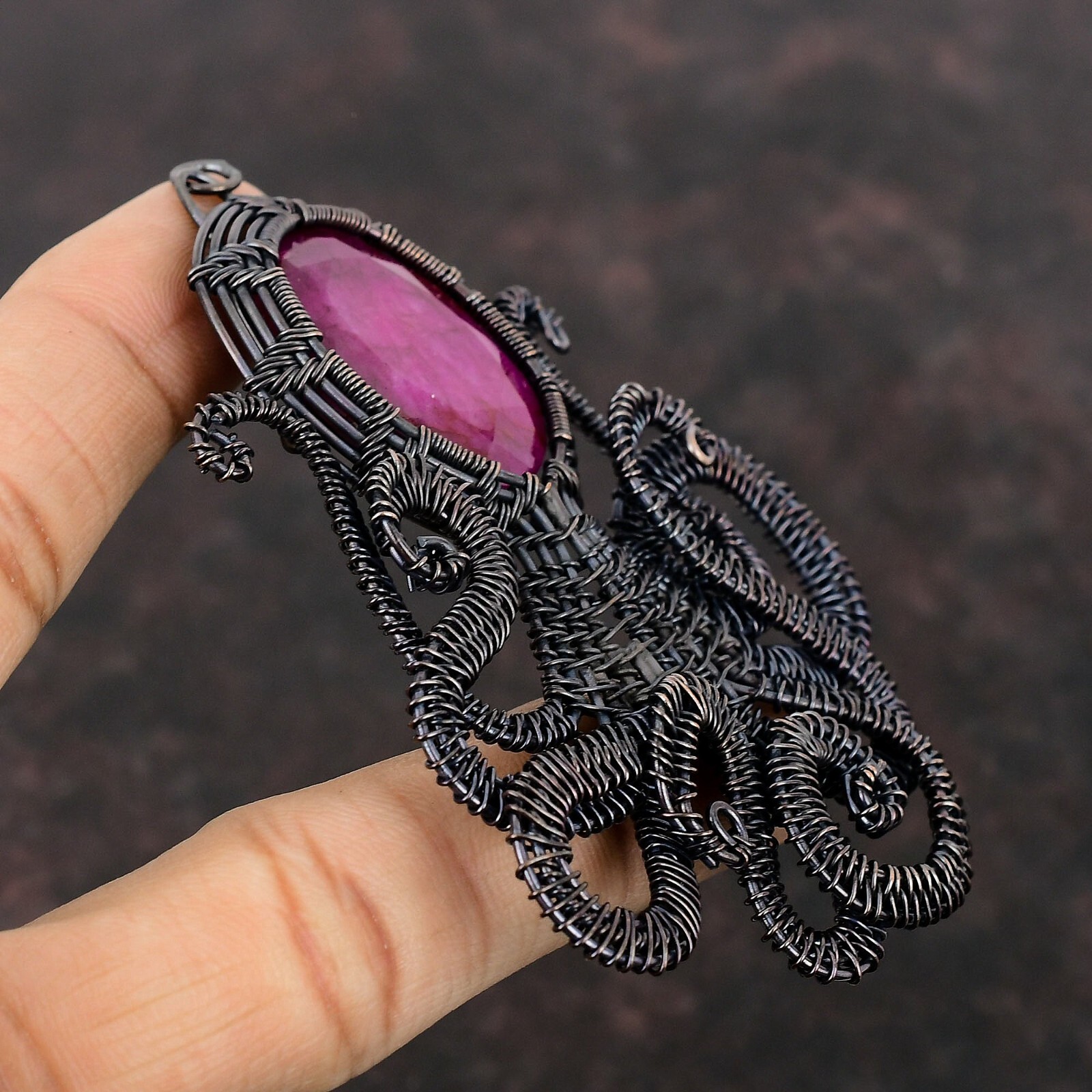 Kashmir Ruby Copper Gift For Bridesmaid Wire Wrapped Octopus Pendant 3.66″