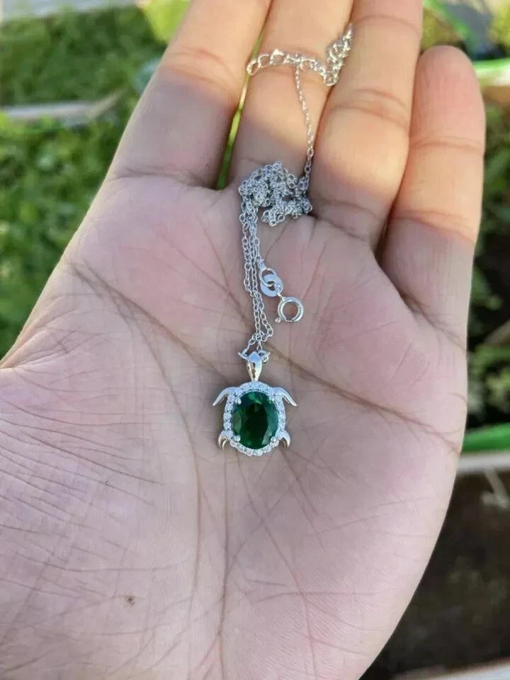 2.00Ct Oval Simulated Emerald Turtle Pendant With 18″Chain 14K White Gold Plated