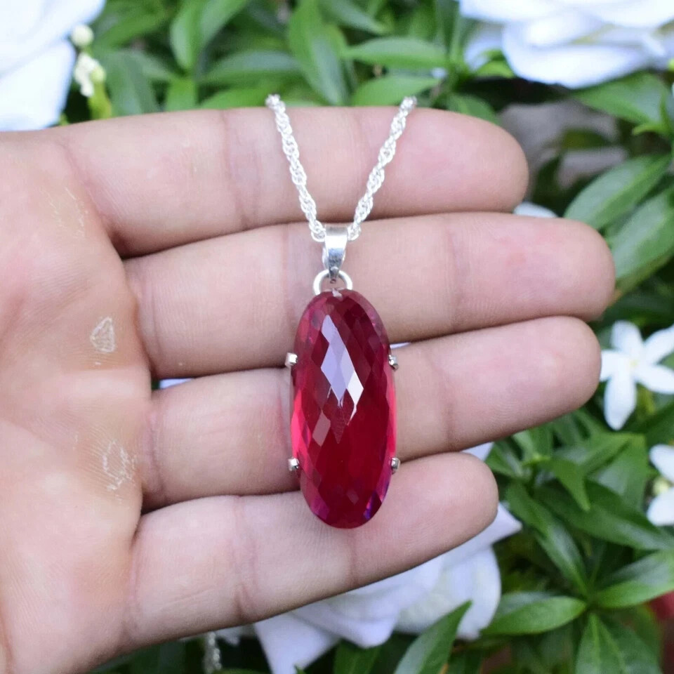 42 Ct Natural Red Ruby Pendant 925 Sterling Silver Cabochone Gemstone Jewelry