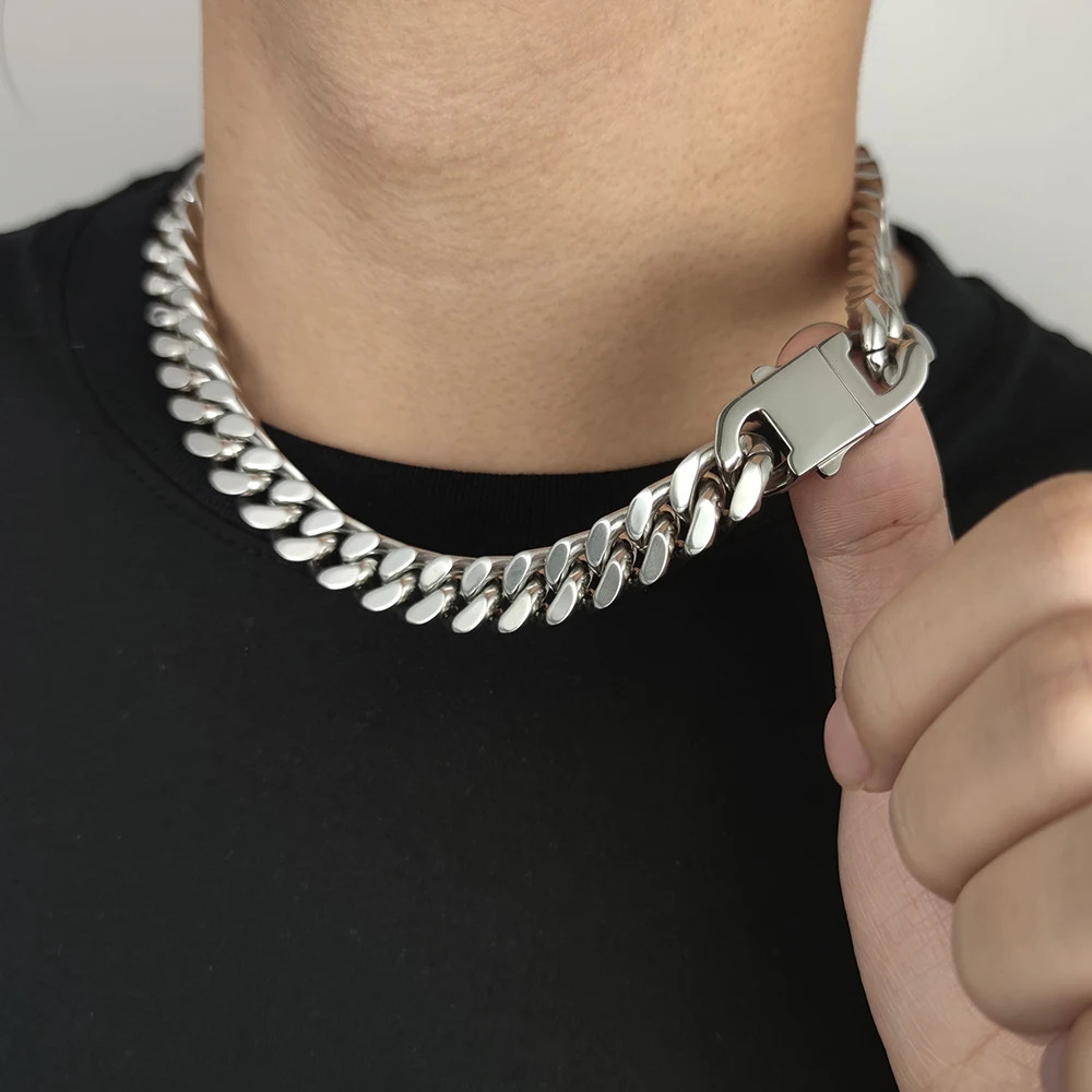 Cuban Link Chain Necklace Stainless Steel Flat Curb Wide Heavy Link Jewelry