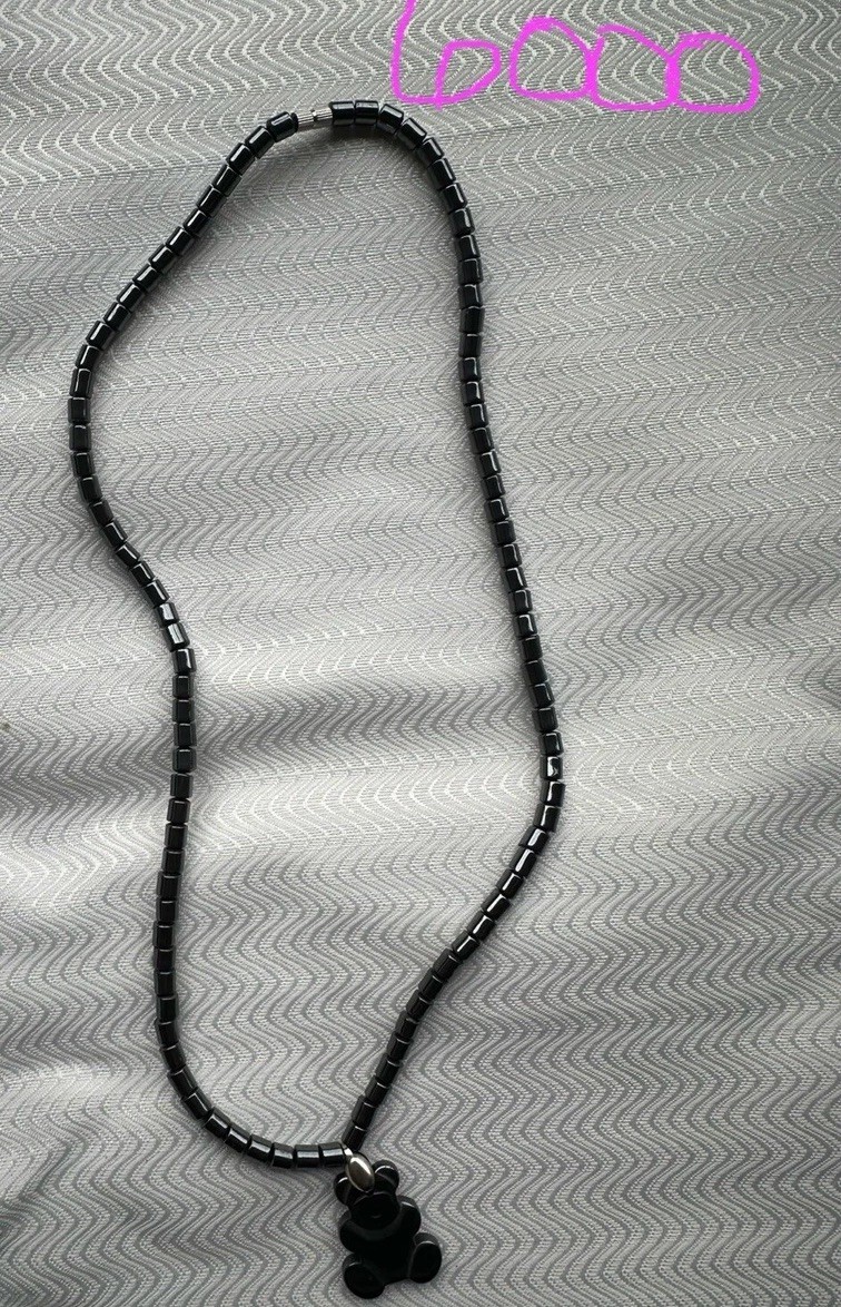 Black Hematite Beaded Teddy Bear Pendant Necklace Barrel Clasp