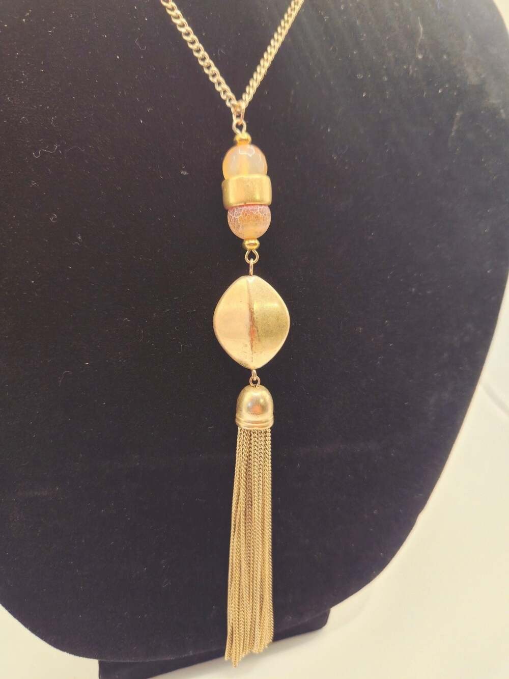 Gold-Tone Chain Necklace with Tassel and Beaded Pendant