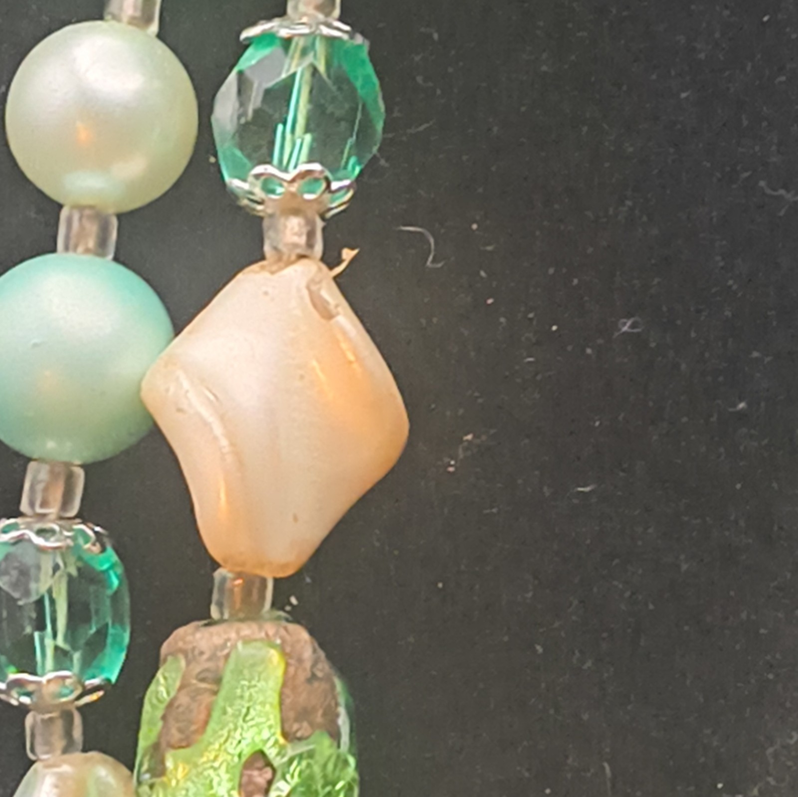 Layered Beaded Marked Japan Statement Necklace Green Glass Bead Round Pearl Hook