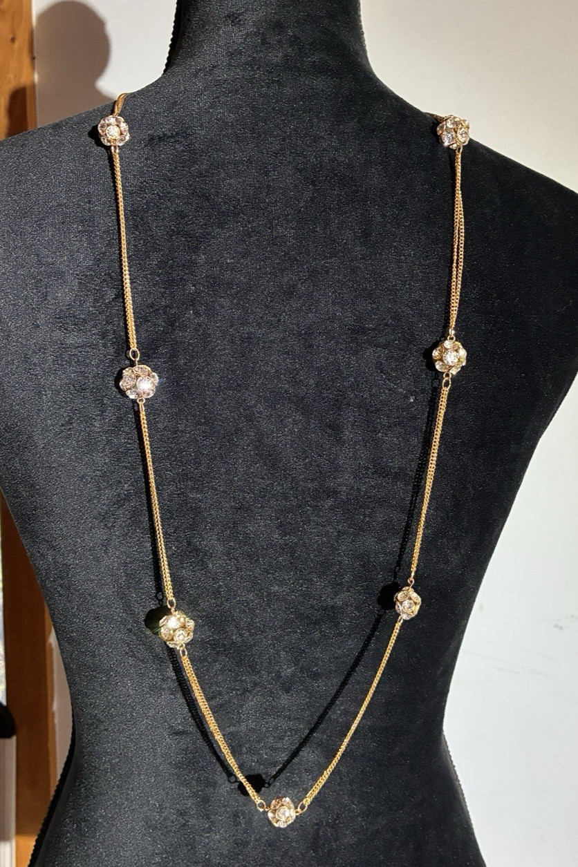 Long Gold Chain Necklace With Rhinestone Balls 36″ – 40″ Multi facet sparkle