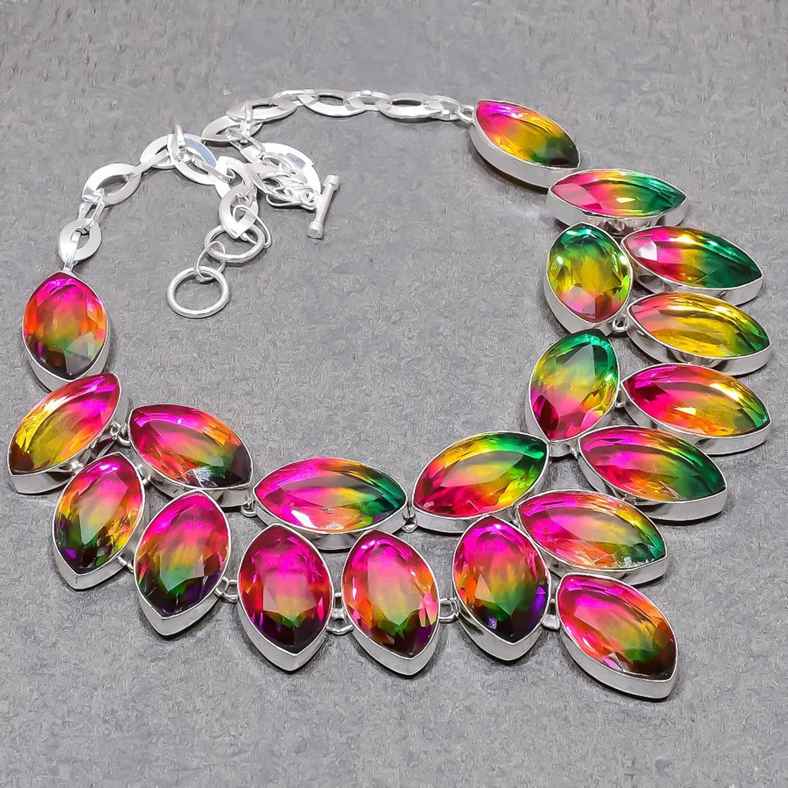 BI-Color Tourmaline Marquise Shape Gemstone Necklace Handmade Chain Jewelry 18″