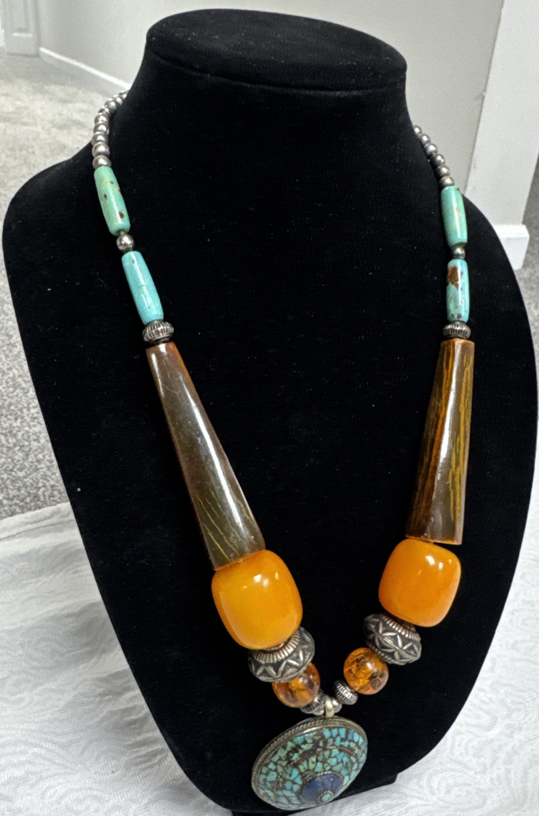 Vintage Bohemian Multi Color Necklace Tibetan Resin Amber with Turquoise Pendant