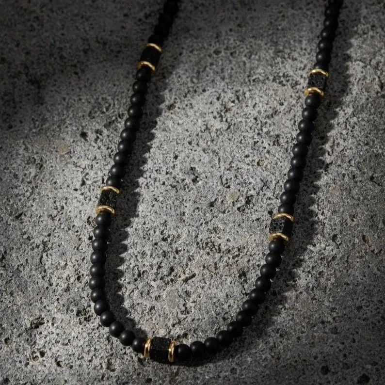 Matte Black Onyx Lava Rock Beaded Necklace 10mm Natural Stone Mens Mala Jewelry