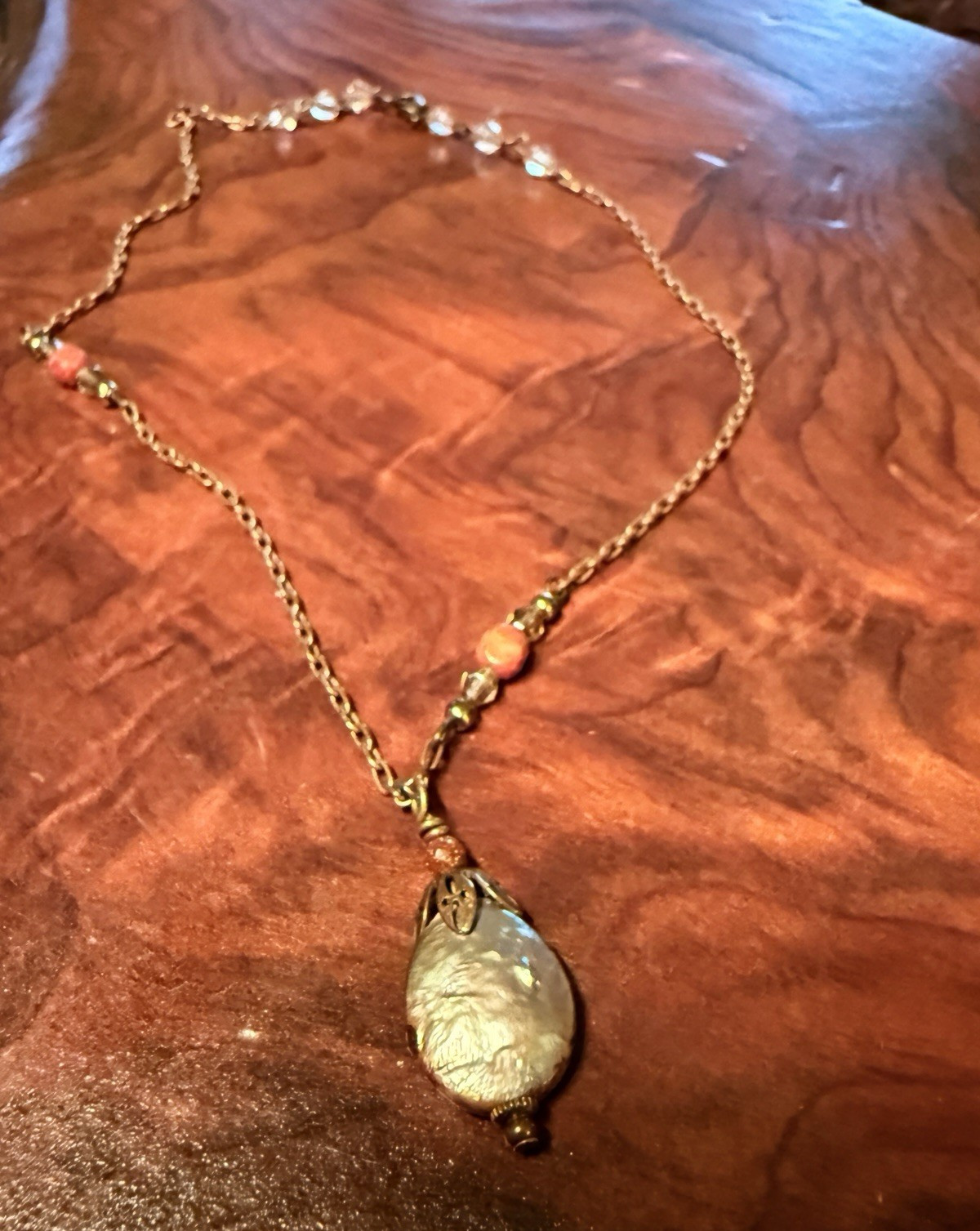 Artist made Pearl Oval Pendant & Red Crystal Stone 16 inch Necklace