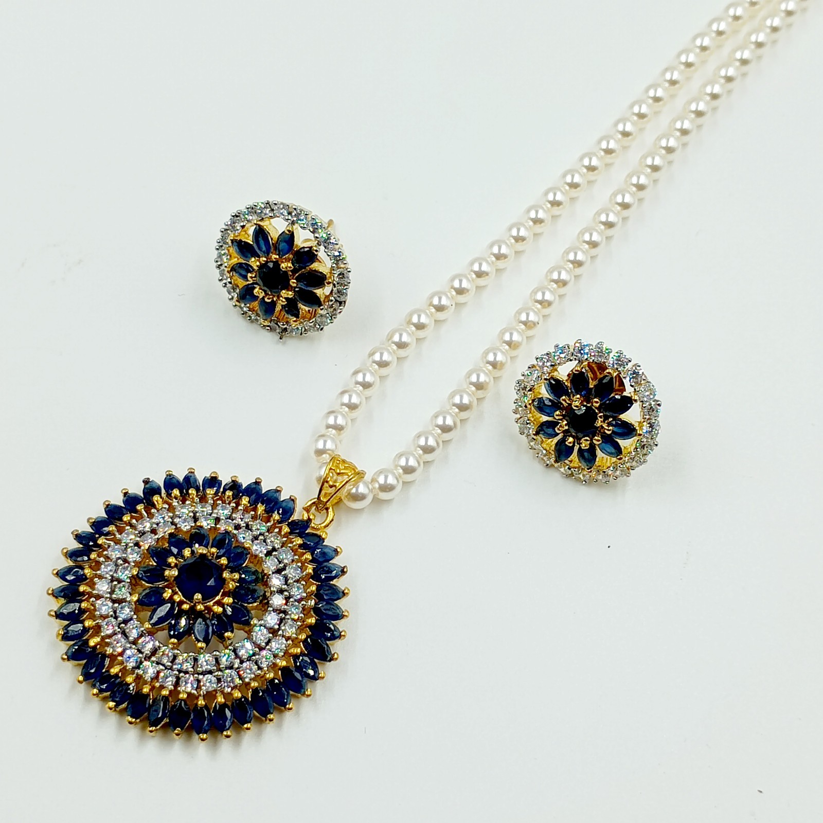 Traditional 22k Gold Plated Sapphire CZ Diamond Bridal Pendant Set Wedding Jewel