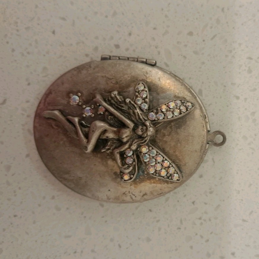 Silver Tone Oval Photo Locket Pendant Clear Rhinestone Fairy Fantasy
